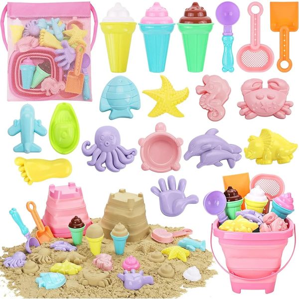 20 piece beach toy set suitable for children toddlers girls foldable sand buckets shovel sets mesh bags sandbags molds ice cream travel sand