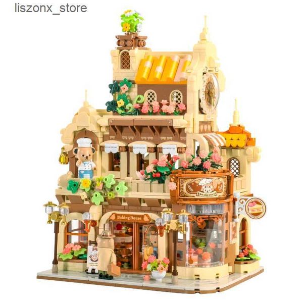 Blocks Japanese Kumamon Bear AnimeCity Stree View Sakura Flowers House Building Blocks Coffee Shop Country Bricks Toy Gifts Kids Boys L24091