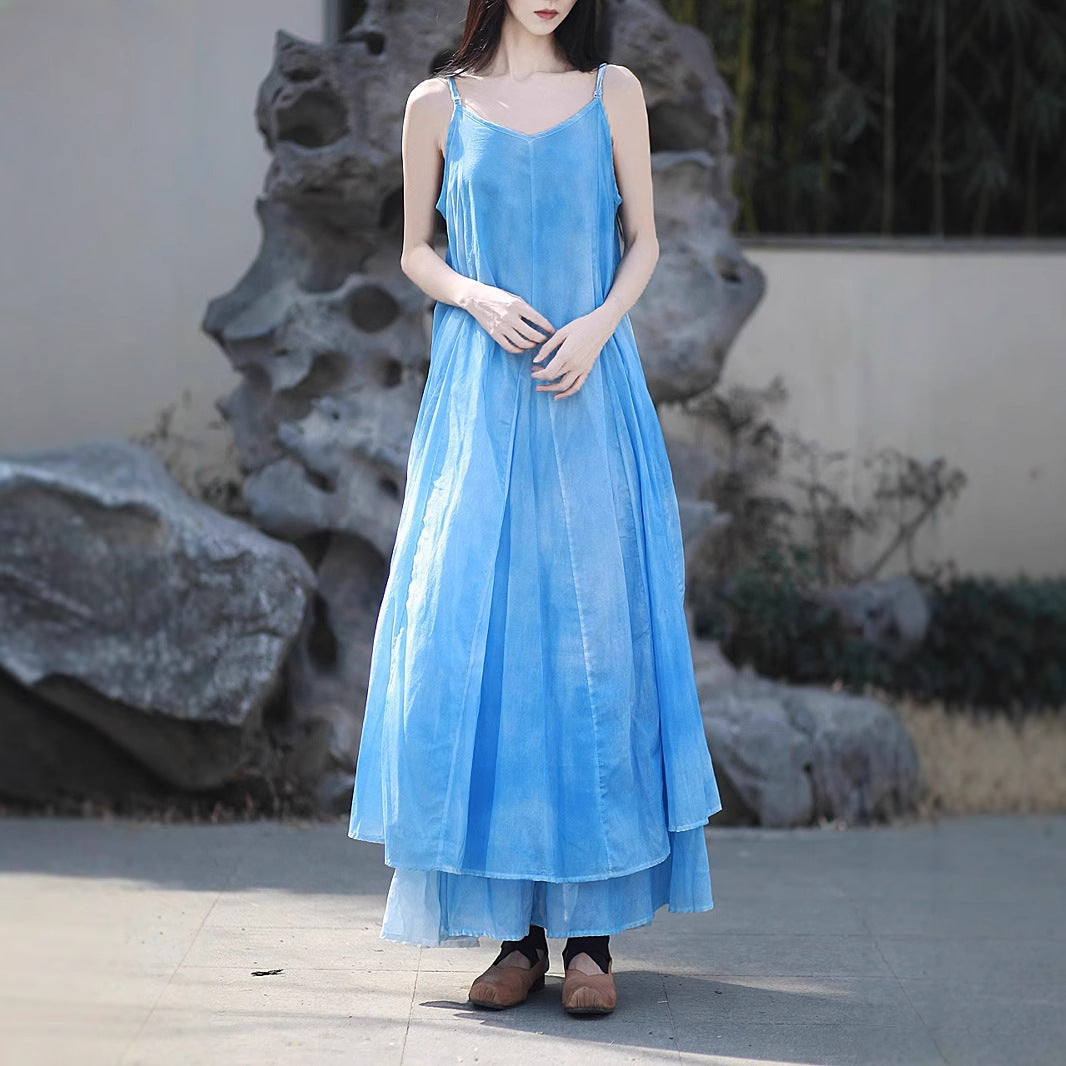 063 Homemade plant dye spray dye suspender long skirt irregular large swing literary dress cool blue