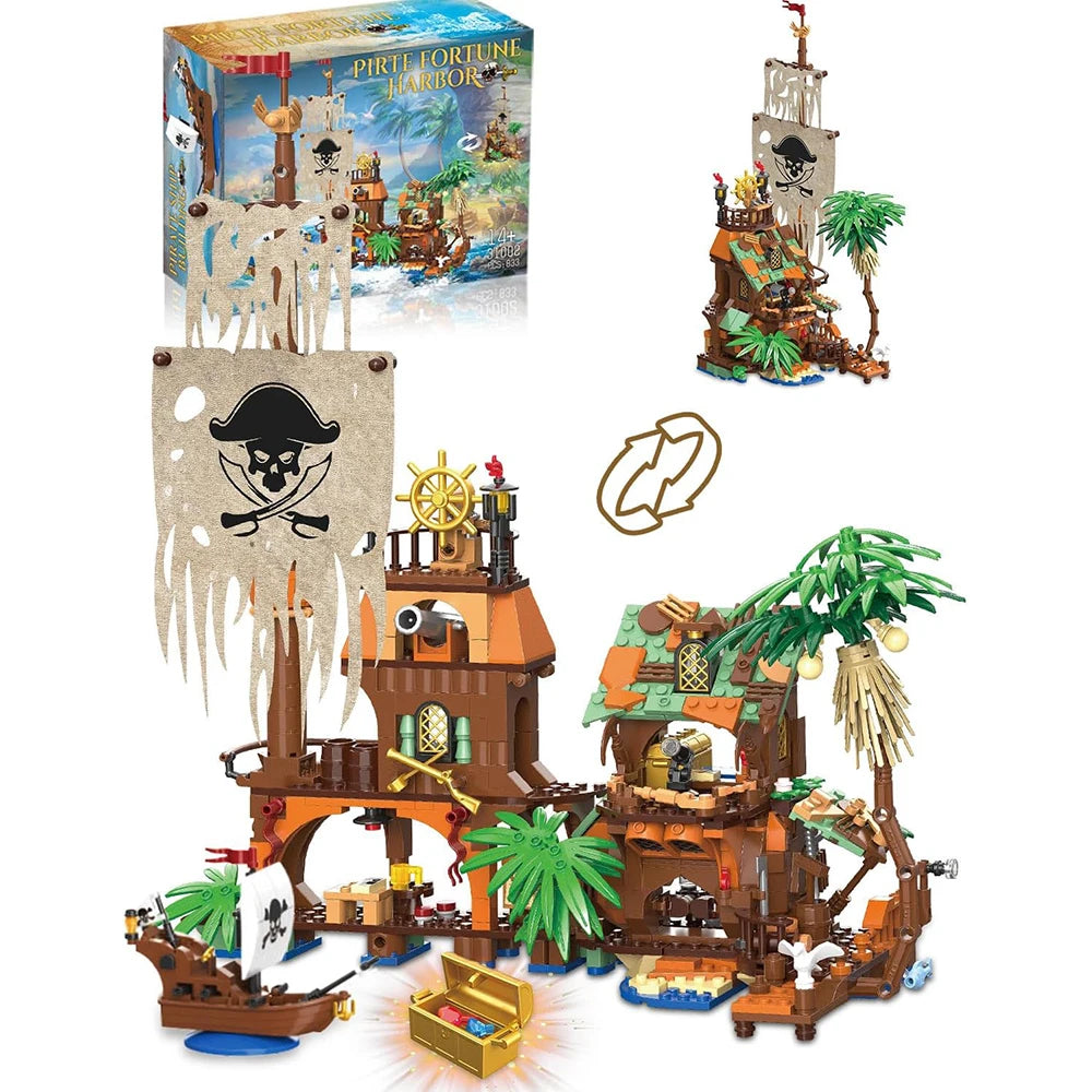 833PCS Pirate Fortune Harbor Building Blocks Ship House Dock Model Educational DIY Creative Toy Birthday Gift for Kids Fans