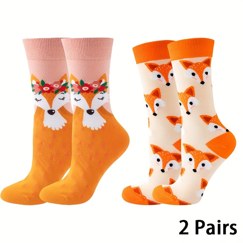 TEMU Of Mid-calf Fox Socks For Women - Soft Polyester Knit, Orange And With Fox Faces, Comfortable And Stylish For Casual Attire, Cute Socks