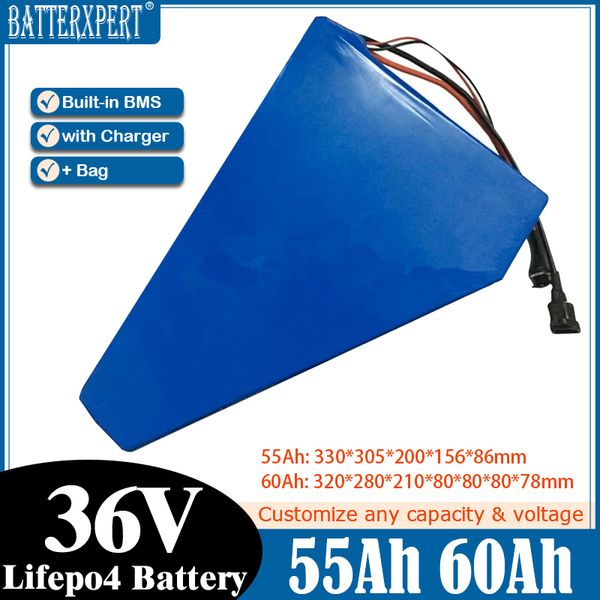 Triângulo 36V 55AH 60AH LifePO4 Bateria 55AH 38,4V 12S 32650 32700 Células para Motor EV RV 1000W 1500W Robôs de scooter de bicicleta + 5A c