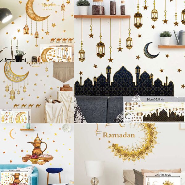 Update New Moon Star Wall Stickers Lantern Ornament DIY Decal Mural Eid Mubarak Decoration For Home 2023 Muslim Ramadan Kareem Gift