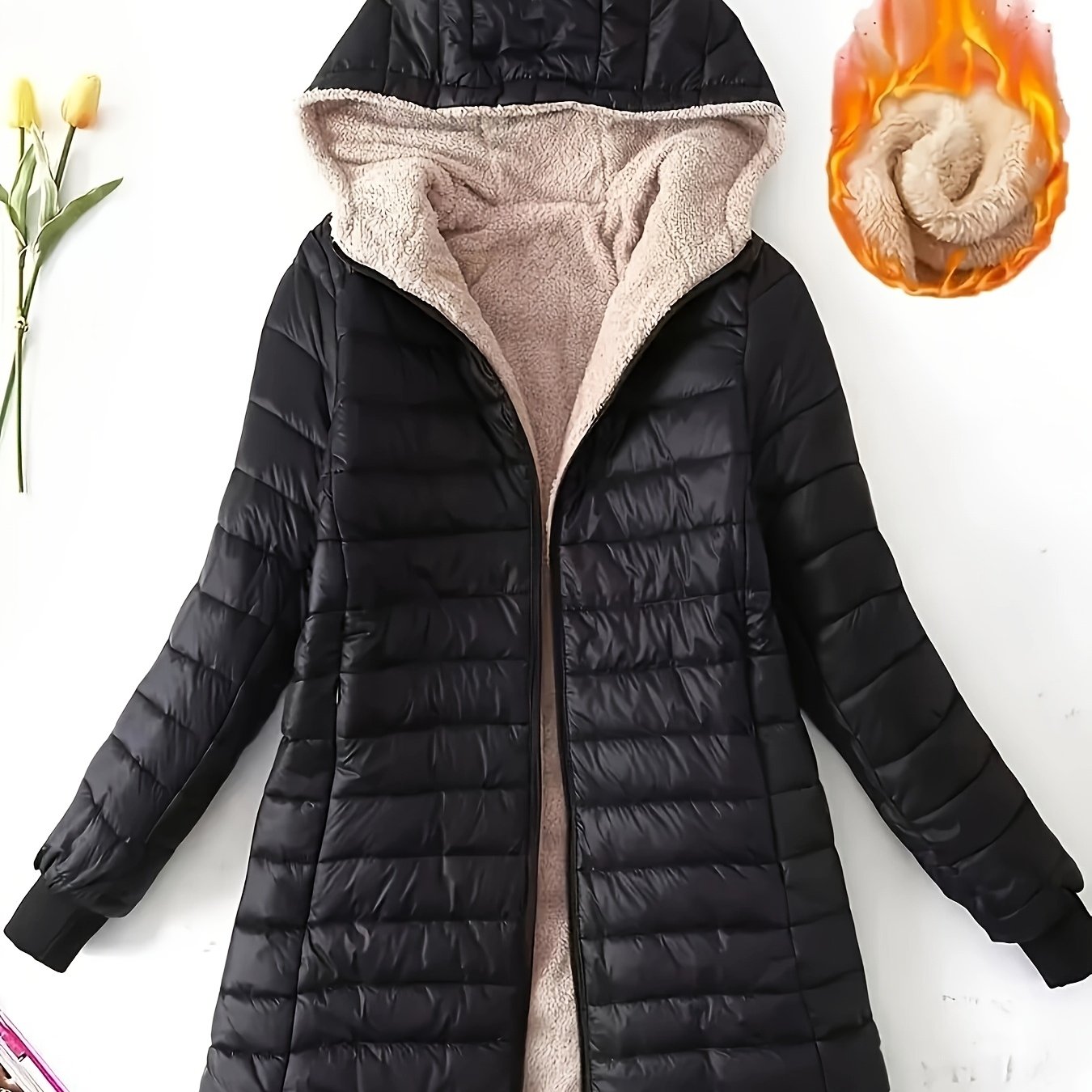 TEMU Siamese And Winter New Mid-length Hooded Slim-fit Fleece-lined Warm Jacket For Women, Cozy Layering Piece, Winter Outerwear, , Elegant Style,