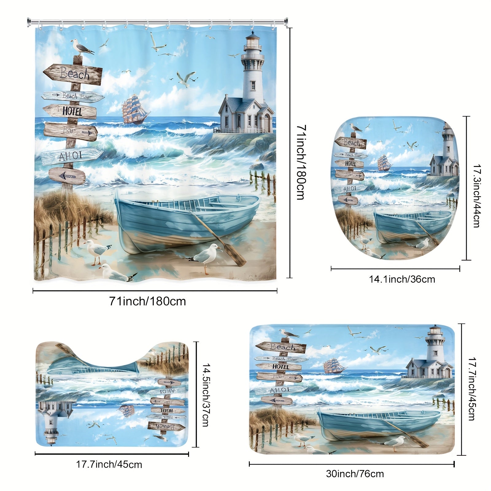 TEMU 1-4pcs - - Nautical Seaside Shower Curtain Set, Blue Beach Lighthouse Seagull Beach Sailboat 12 Hooks Shower Curtain, Non-slip Bathroom Floor