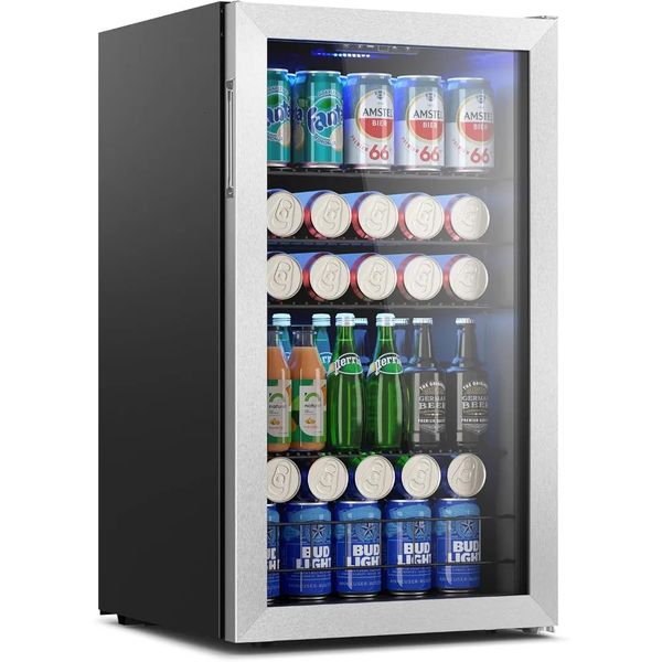 Wine Refrigerators, 140 Can Mini Freestanding Cooler With Glass Door, 3.35 Cu.Ft Beverage Fridge