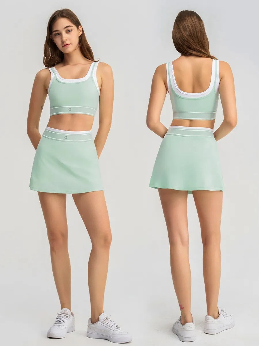 A1241 Fake Two Pieces of Contrast White Suspenders Running Sports Bra Bra Tennis Skirt Yoga Suit