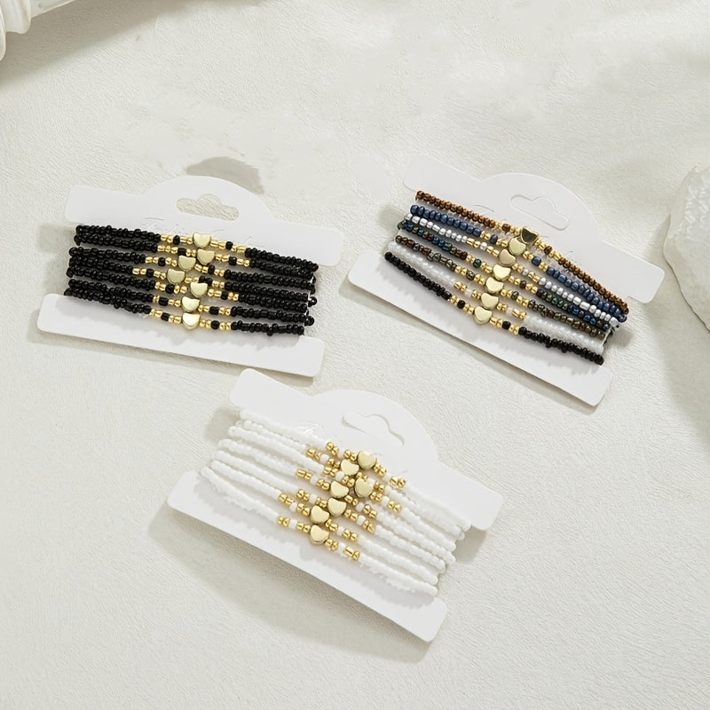 TEMU 21pcs Set Of Retro-style Dark-colored Rice Bead Mixed Heart-shaped Stacked Beaded Bracelets, Holiday Gifting And