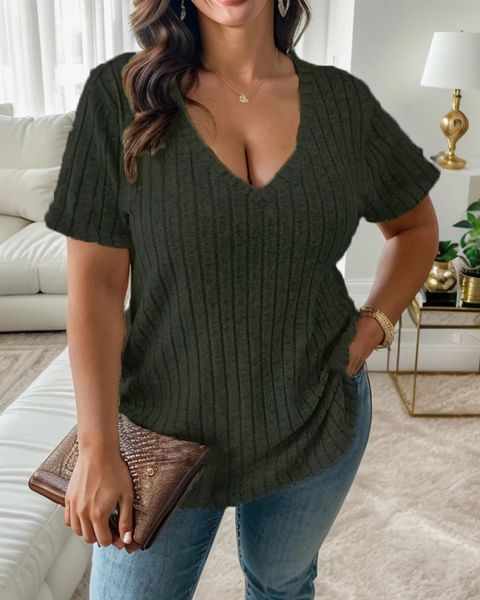 European and American Cross Border Plus Size Womens V Neck Striped Tops T Shirts 240514