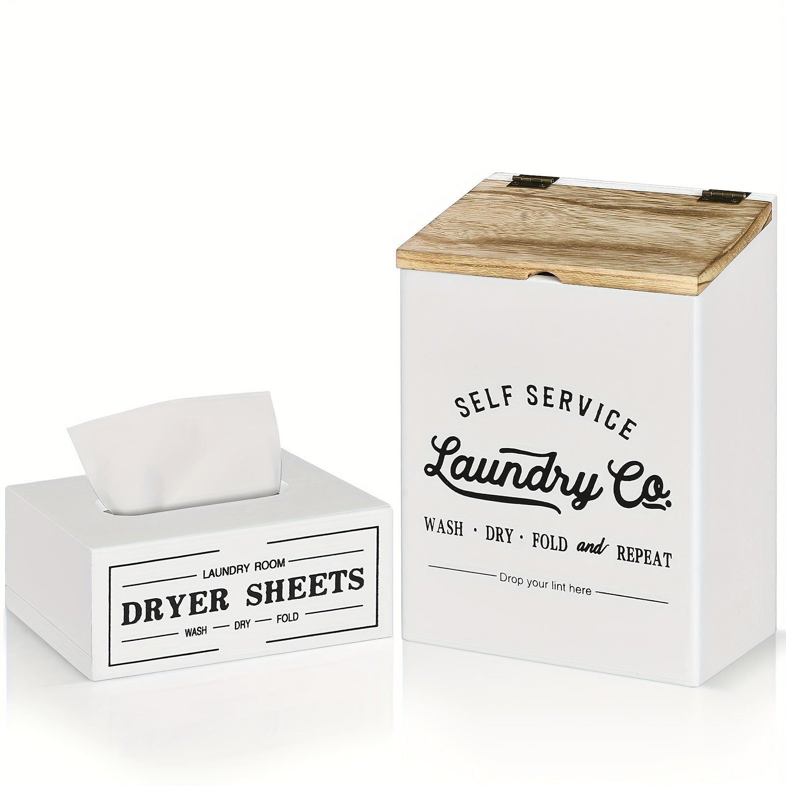 TEMU Set Of 2 Magnetic Magnetic Lint And Dryer Sheet Holder Set For Laundry Room, Farmhouse Wooden Lint Trash Can With Lid And Dryer Sheet Dispenser