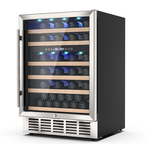 24 Inch Dual Zone Cooler 51 Bottle Refrigerator Stainless Steel Wine Fridge Built-In-Freestanding Blue Interior Light