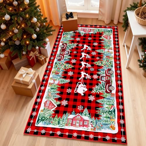 Christmas Area Rug 3x5, Red Plaid Truck Rugs - Xmas Washable Non Slip Low Pile Christmas Carpet for Living Room Bedroom Hallway Holiday Decor 3'x5' Re
