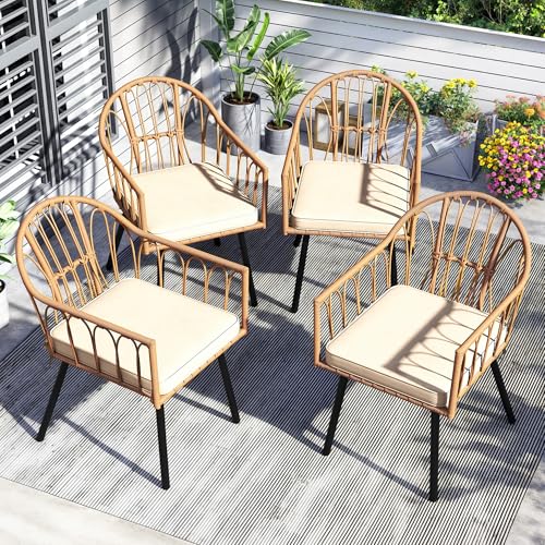 YITAHOME Rattan Outdoor Dining Chairs Set of 4 with Curved Back & Cushions Wicker Bistro Chairs with Armrest Woven Rattan Chair All-Weather Wicker Pat