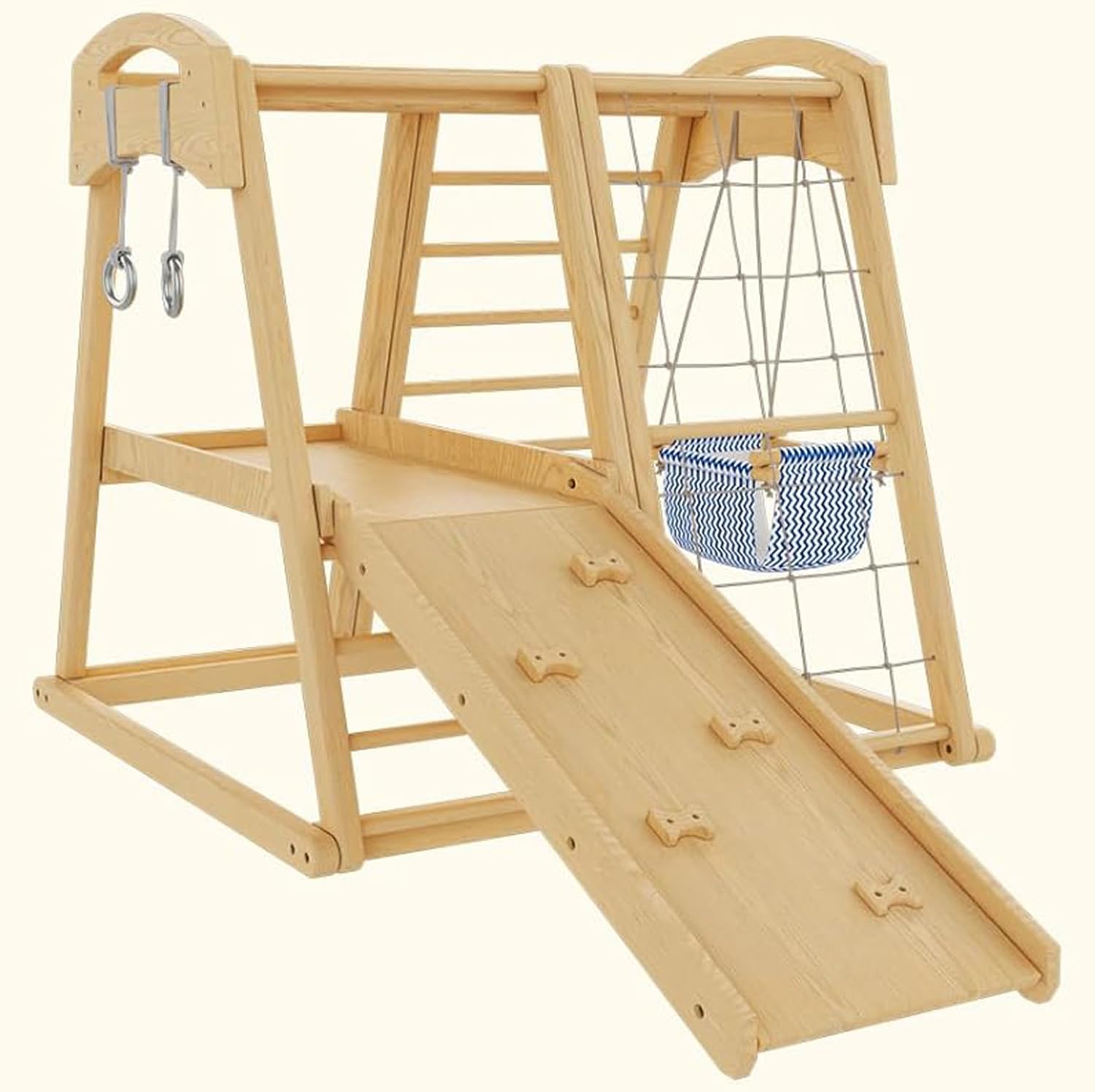 Garvee 8-in-1 Indoor Playground - Jungle Gym Montessori Playset, Wooden Climber with Slide, Rock Climbing Wall, Rope Wall,Rope Ladder Monkey Bars, and