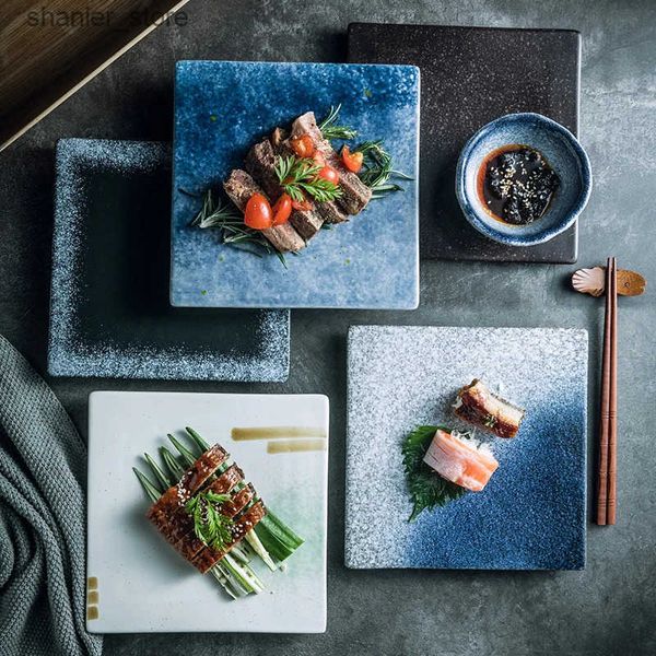 Dishes Plates Japanese ceramic square plate barbecue snacks sushi steak food square plate home decoration ceramic tile board dining L240910