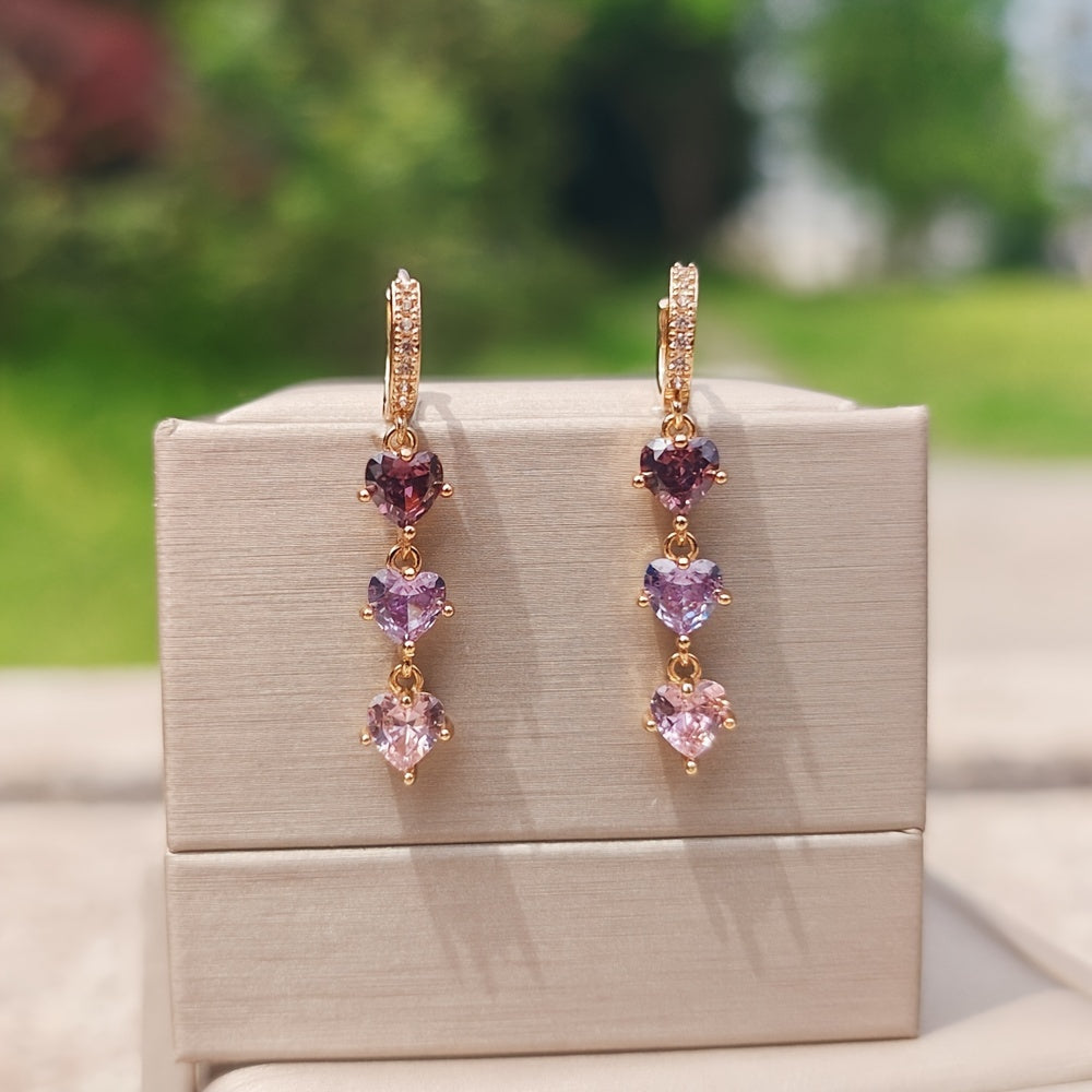 TEMU Mkopsz Elegant Heart-shaped Colorful Cubic Zirconia Tassel Drop Earrings For Women - Rose Golden Finish, Multi-, Casual Attire Or Gift