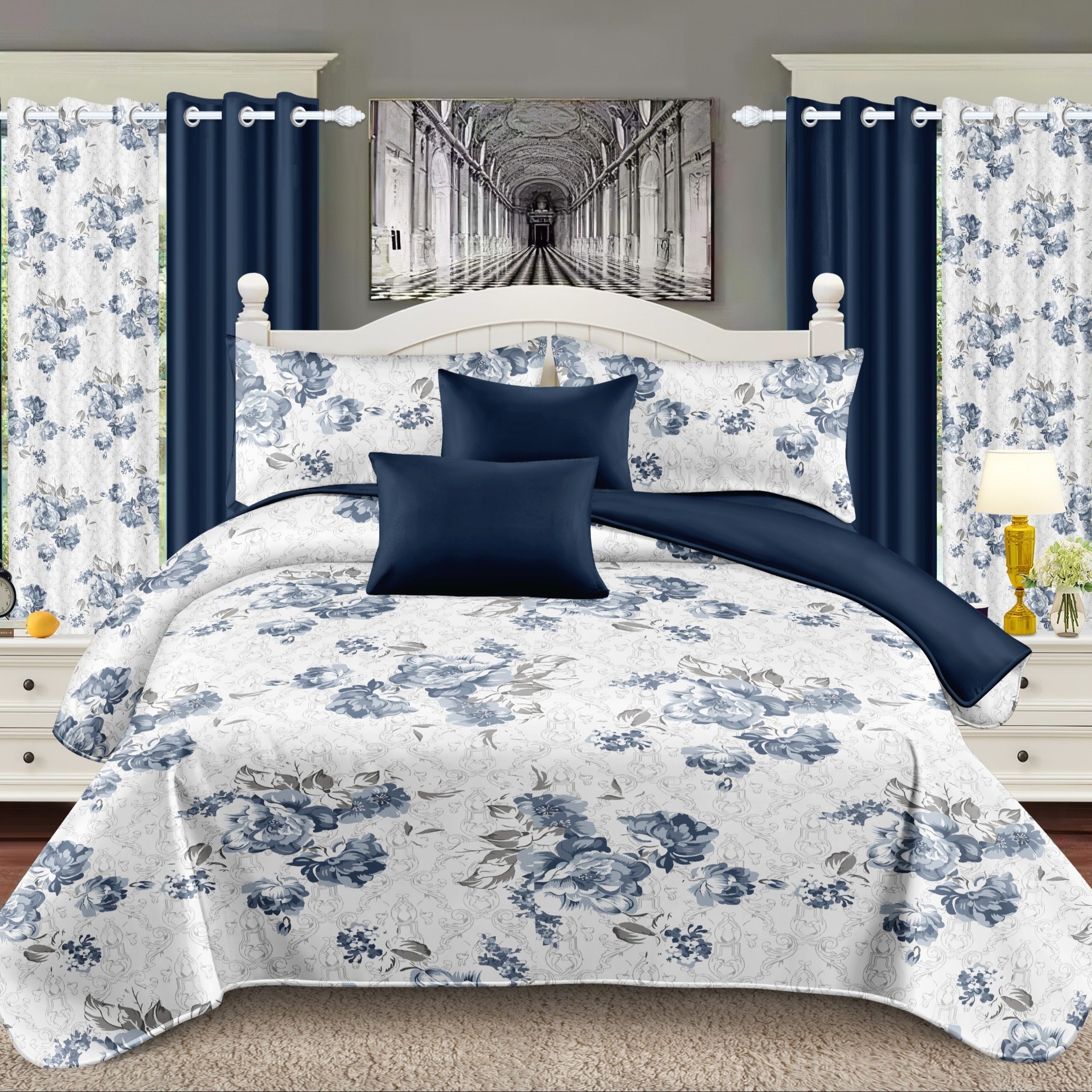 TEMU 9-piece Bedspread Set - Soft, Comfortable, Blue Floral King And Cal King Size With 1 Bedspread, 2 Pillowcases, 2 Printed Curtains And 4 Solid