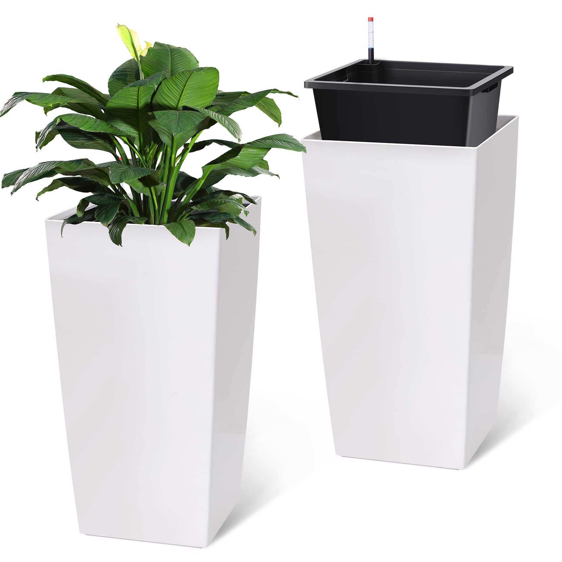 Garvee 30" Tall Planter Set of 2,Heavy Duty Tall Planter,High Front Porch Planter Pots with Drainage Holes＆Water Level Monitor＆Inner Bucket, Automatic
