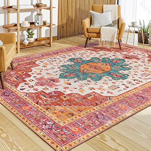 Moynesa Ultra-Thin Pink Area Rug - 9x12 Large Bedroom Rugs for Living Room Non-Slip Non-Shedding Dining Room Mat, Vintage Indoor Floor Carpet for Girl
