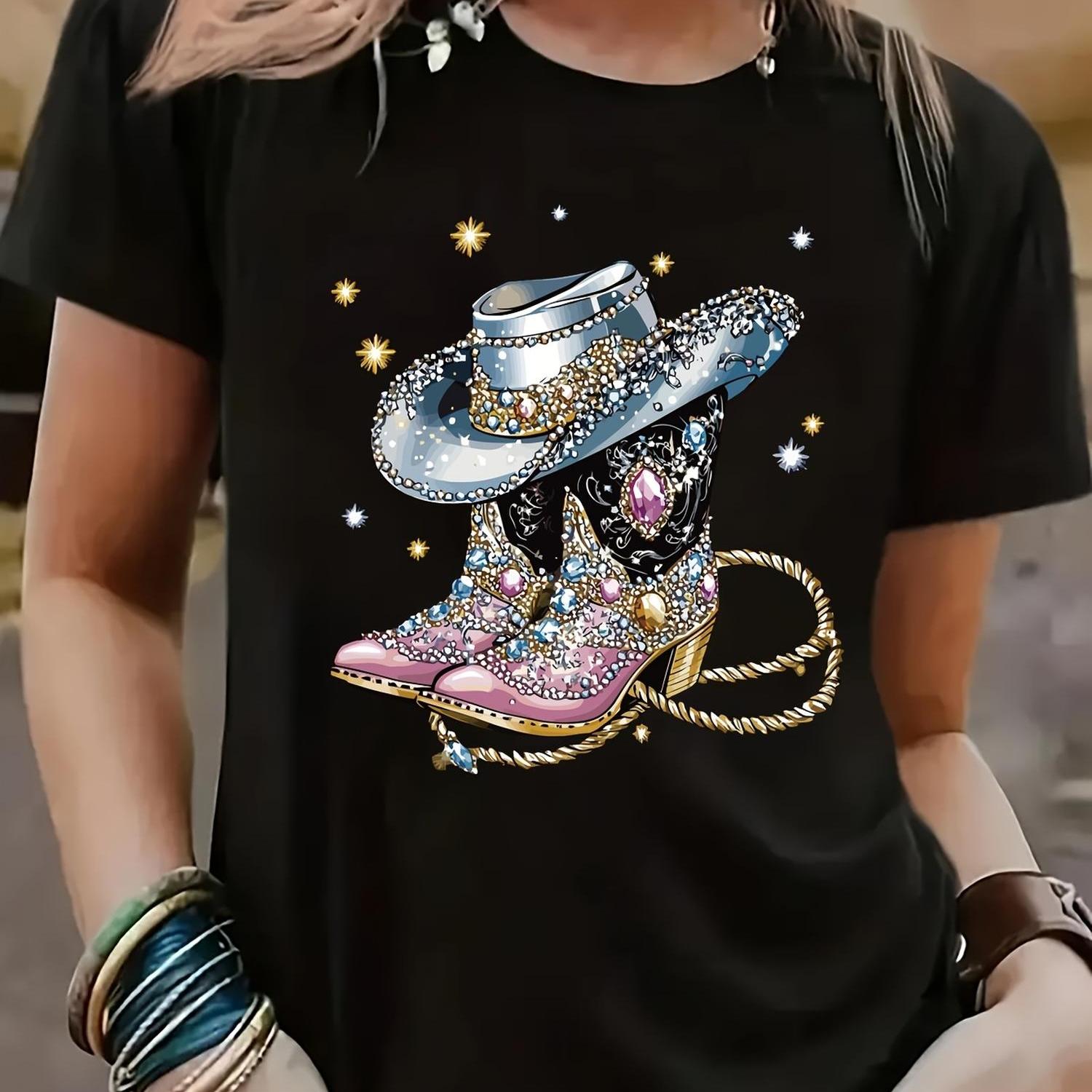 TEMU Short-sleeved Western Cowboy Series Printed T-shirt, Fashionable And Trendy, Casual And Versatile, Regular Length For All . The Design Of This