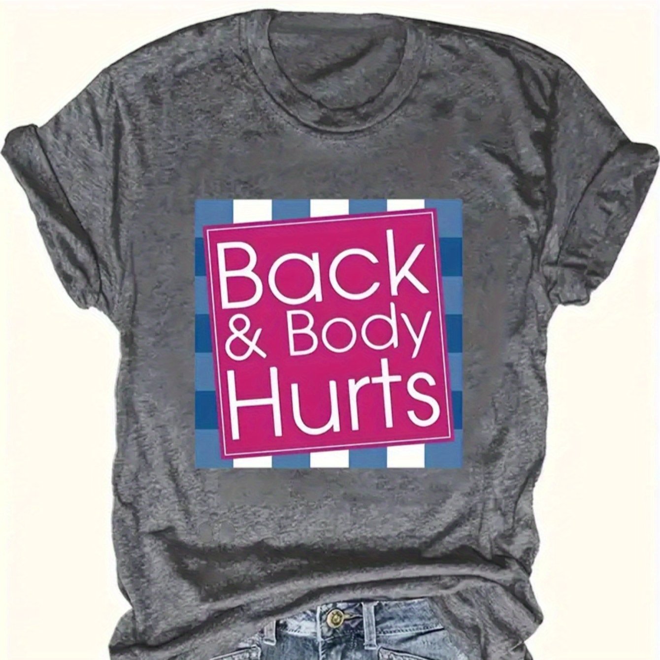 TEMU Crew Neck T-shirt - Fashionable Womens "back & Body " Graphic Print T-shirt - Casual Short Sleeve Crew Neck Top - Lightweight & Breathable For