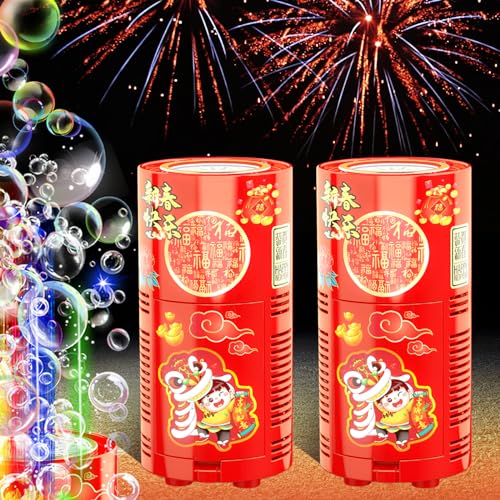 Fireworks Bubble Machine (2PCS 13 Holes), Automatic Fireworks Bubble Maker with Lights and Closeable Sound for Kids, Chinese New Year, Christmas, Part