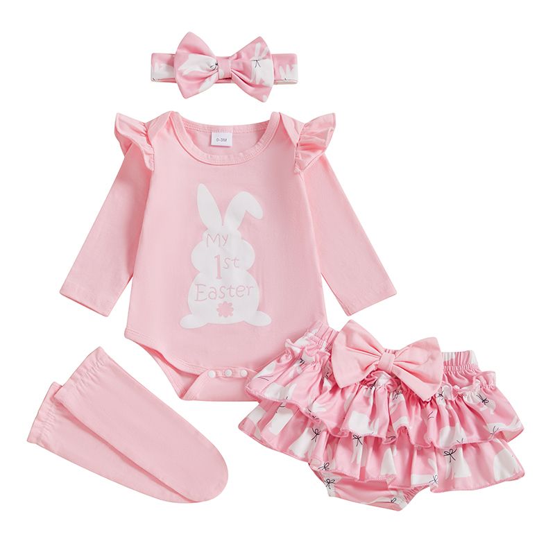 K497 0-18M Newborn Baby Girl Easter Outfit Bunny Clothes Long Sleeve Romper+Bloomers Tutu Skirt+Socks+Headband 4Pcs
