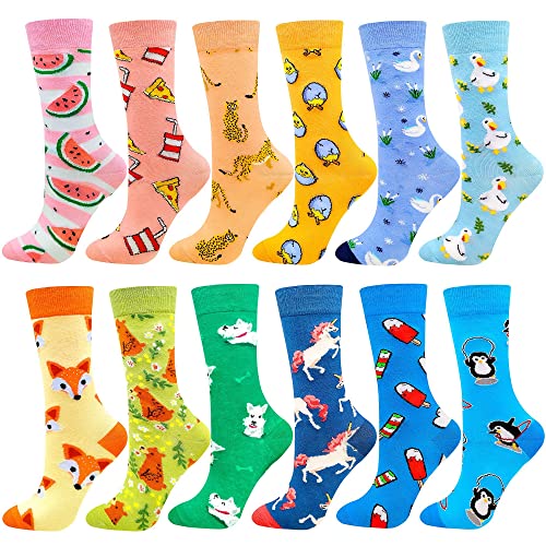 Fun Colorful Socks Patterned Funky Happy Crew Sock Combed Cotton Stockings Packs One Size 12 Pairs-animal Fox1209