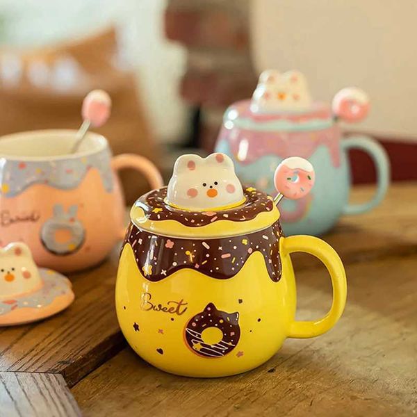 Cute donut ceramic cup with lid spoon pink girls office student coffee cup suitable for couples large capacity milk tea beverage cup CL24090