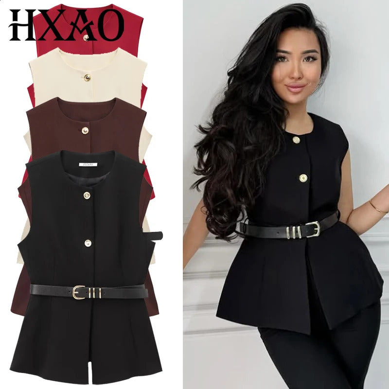TRAF 2025 Womens Vest Summer Brown Red Black Off White Vest Waistcoat Woman Button Belt Sleeveless Vest Women Elegant Outerwear 250818