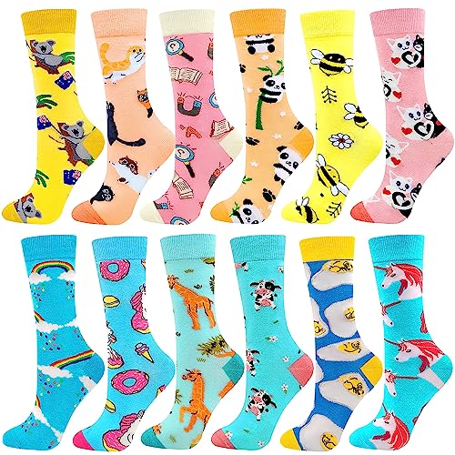 Fun Colorful Socks Patterned Funky Happy Crew Sock Combed Cotton Stockings Packs Large-X-Large 12 Pairs-animal Cat1211