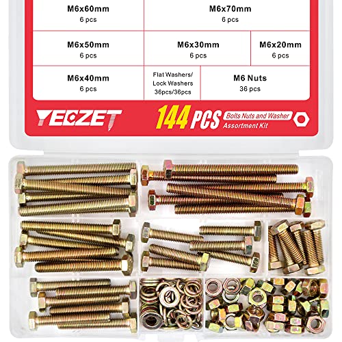 YEEZET 144Pcs Grade 8.8 M6 Hex Head Screws Bolts and Nuts Flat & Lock Washers Assortment Kit 20mm 30mm 40mm 50mm 60mm 70mm M6--36Sets Bolts and Nuts K