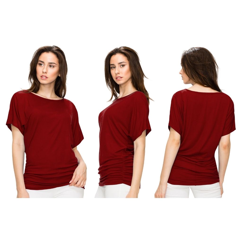 Women's Solid Short Sleeve Boat Neck V-Neck Dolman Top - WINE - XL