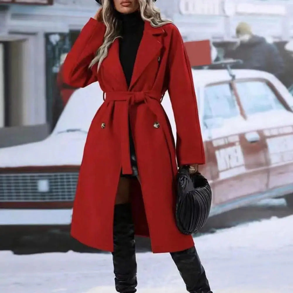 Womens Double Breasted Trench Coat Mid Length Wool Long Sleeve Notched Lapel Overcoat with Belt Fall Winter Outerwear 250730