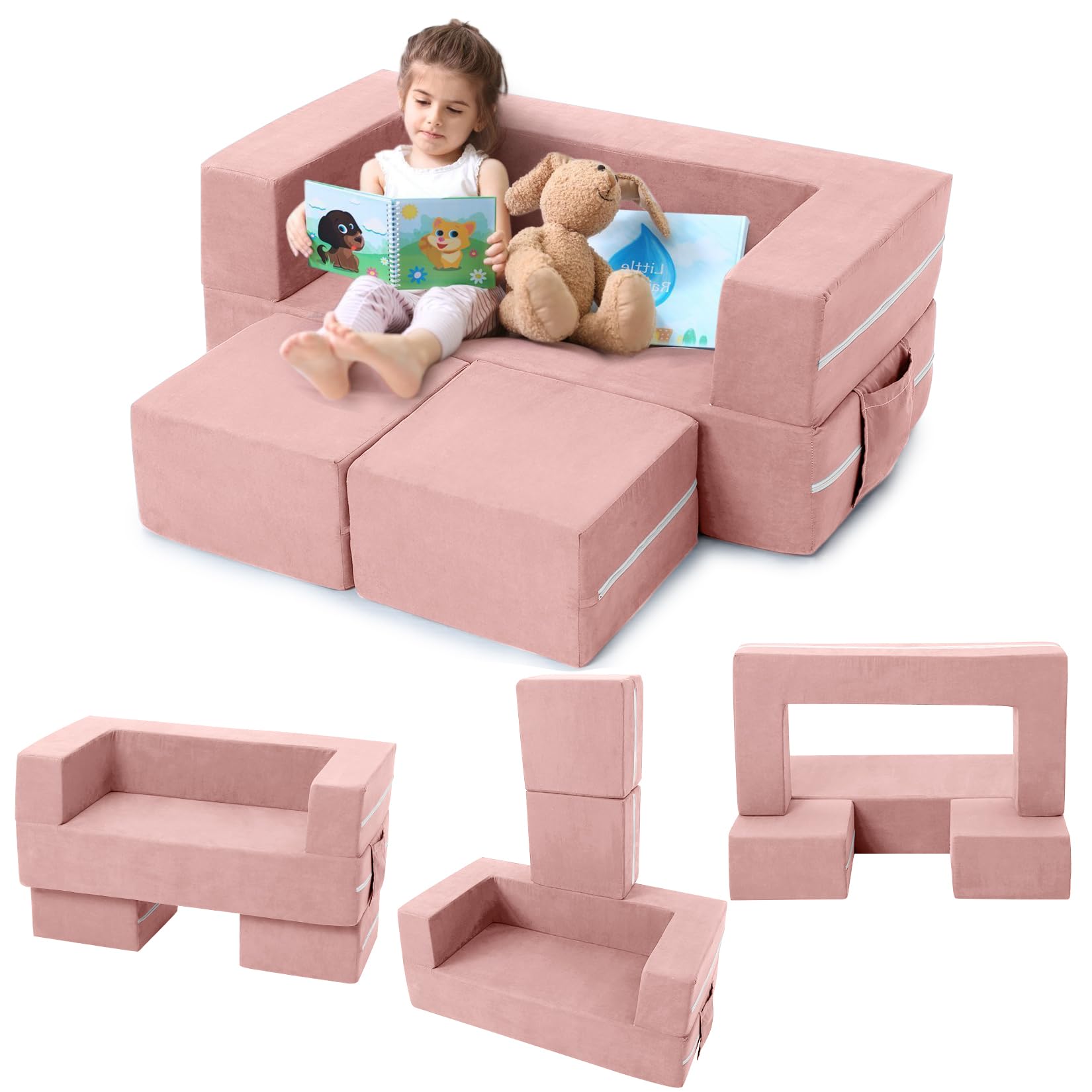Garvee Kids Play Couch, 3Pcs Modular Kids Couch Toddler Couch for Playroom Bedroom Furniture, Convertible Foam Kids Play Sofa with Removable Cover, Pi