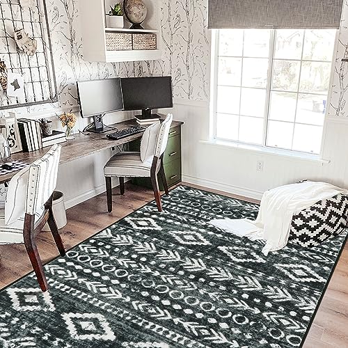 Lahome Boho Moroccan Area Rugs 5x7, Washable Black White Rug for Living Room Non Slip, Low-Pile Soft Farmhouse Tribal Print Bedroom Rug Stain Resistan