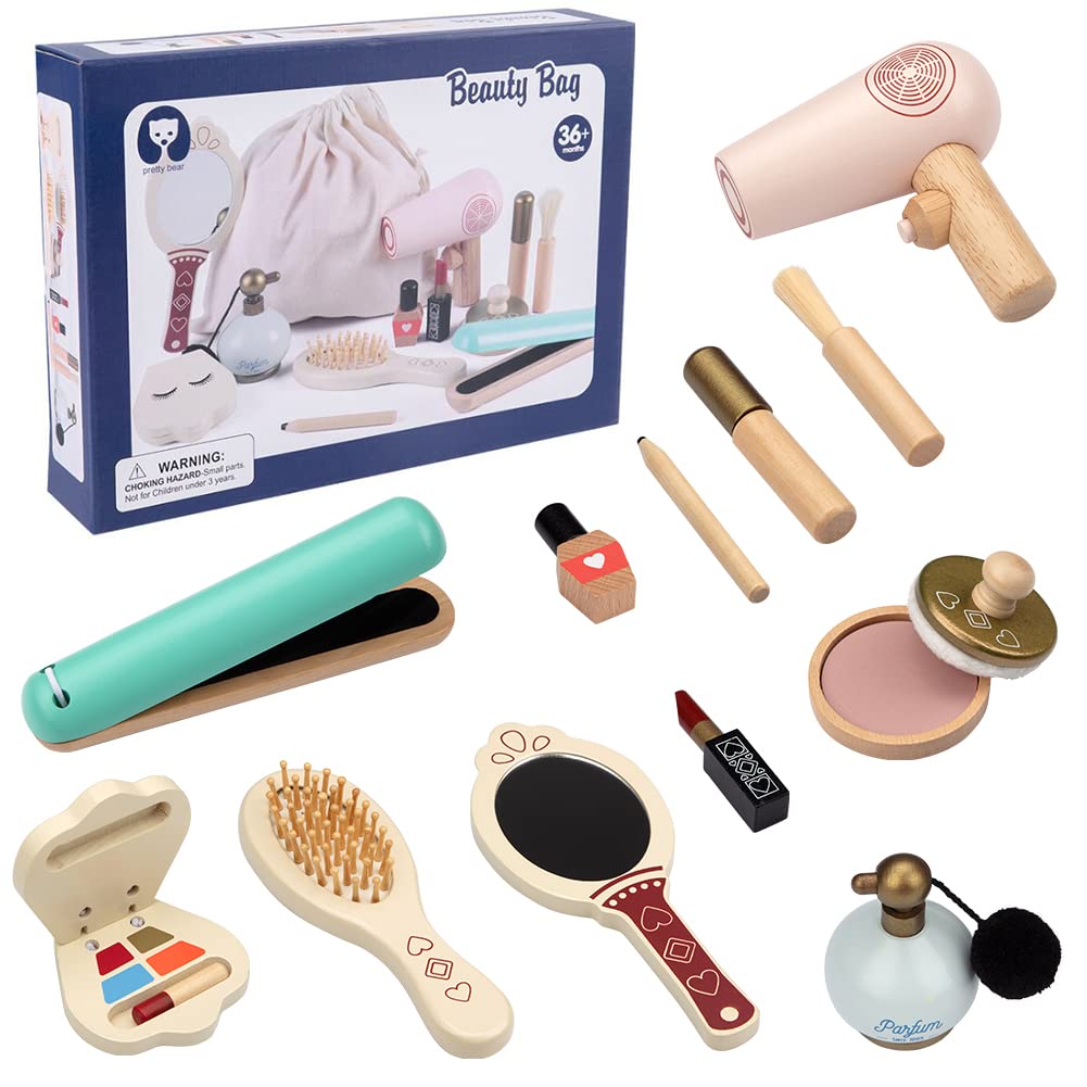 Garvee Wooden Makeup Toys Pretend Play Makeup Kit Beautiful Vanity Salon for Girls Makeup Sets for Girls, Christmas Birthday Gift for 4 5 6 7 Years Ol