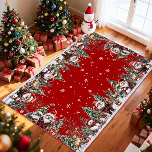 Christmas Area Rug 5x7, Santa and Snowman Holiday Red Rugs - Xmas Washable Non Slip Low Pile Christmas Carpet for Living Room, Bedroom, 5'x7' Red Sant