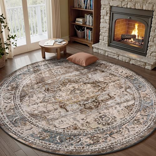 6 ft Round Rugs for Living Room Bedroom Rug Circle Area Rug for Dining Room Table Throw Neutral Vintage Circular Rugs Washable Soft Comfortable Brown