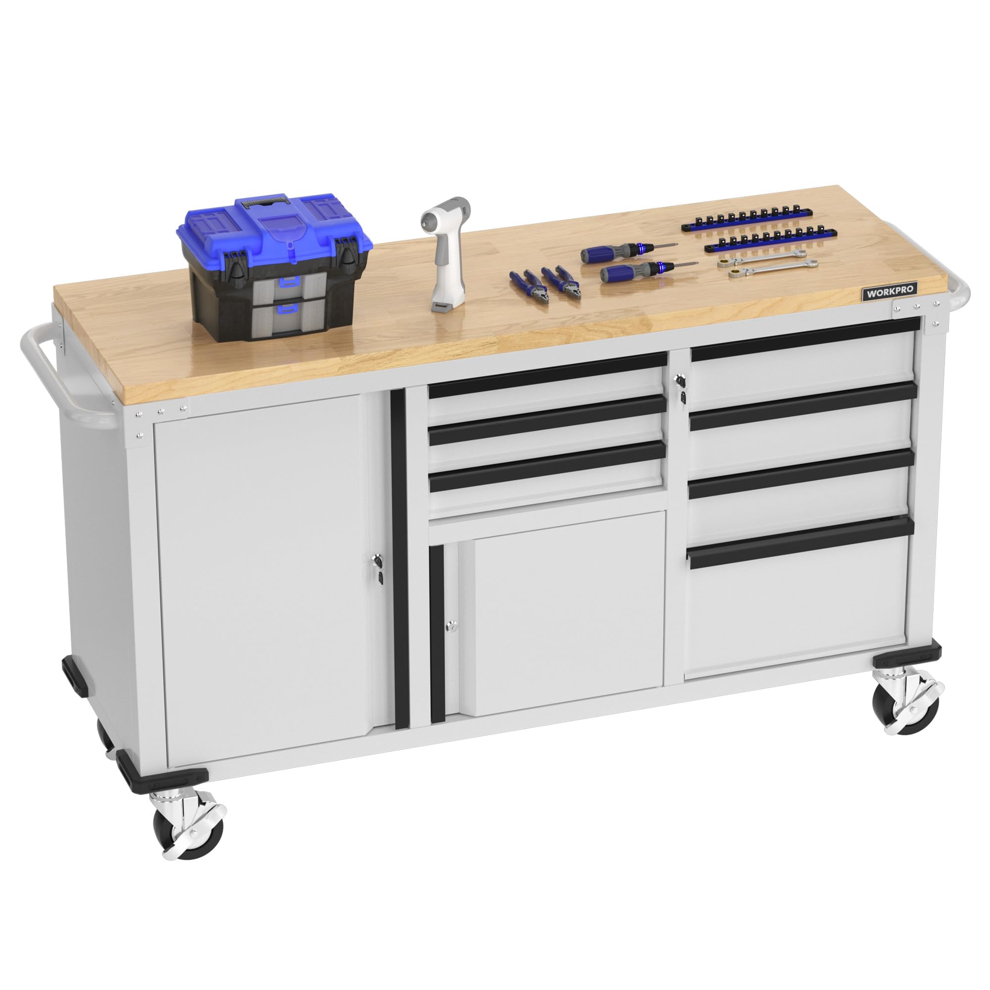 WORKPRO 62" Rolling Tool Chest, Heavy Duty Mobile Tool Storage Cabinet with 7-Drawer & 2-Door, Power Strip, Locking System, 1000 LBS Capacity Rolling