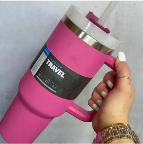 DHL Water Bottles Hot Pink 40oz Stainless Steel Tumblers With Handle Lid and Straw Big Capacity Beer Mugs Powder Camping Cup Vacuum Insulate