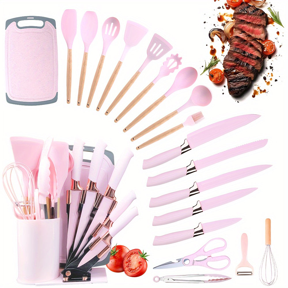 TEMU Kitchen Utensil Set, 20pcs Cooking Utensils With Knife Block Set, Heat-resistant Silicone Spatula Set With Cutting Board, Scissors, Spoon, Home