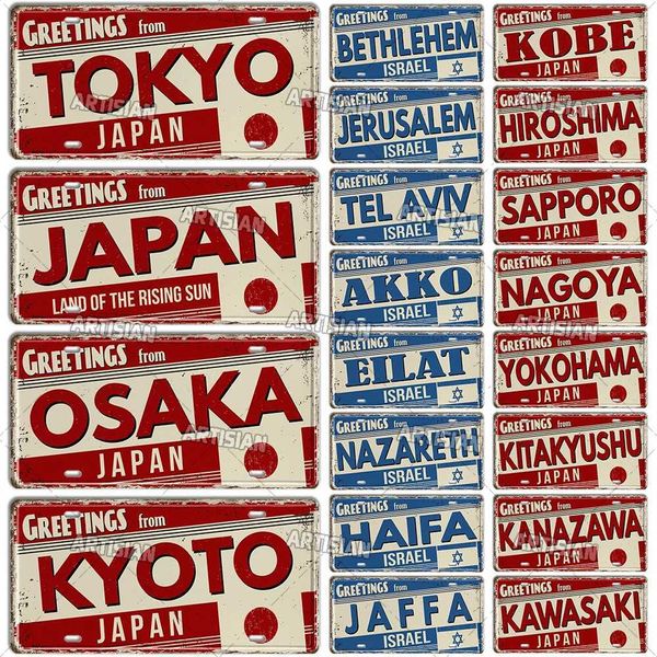 High Quality Artisan JAPAN ISRAEL License Plate Landmark Tin Plaque City State Metal Sign Wall Decor Garage Bar Pub Club Hotel Cafe Kitchen