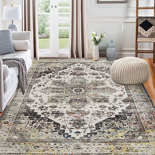 Garvee Grey Area Rug 8x10 Floral Oriental Printed Large Floor Cover Machine Washable Rugs Non-Shedding Floor Mat Soft Blue Living Rug for Bedroom Chil