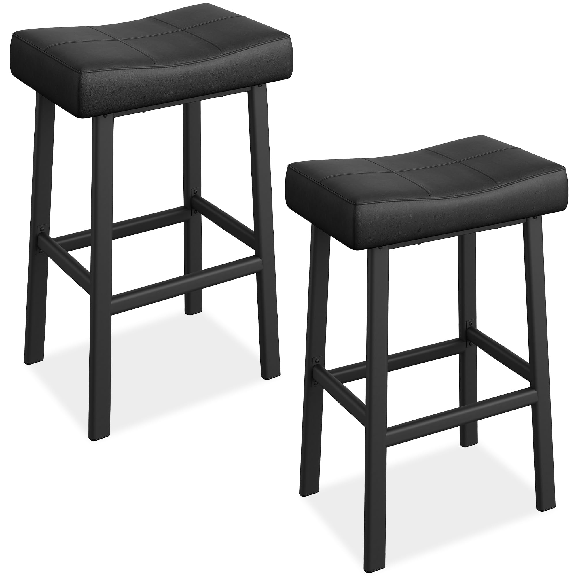 Garvee 29 Inch Backless Saddle Barstools Set of 2, Counter Height Upholstered Padded Barstools with Curved Surface, Metal Leg and Footrest, for Kitche