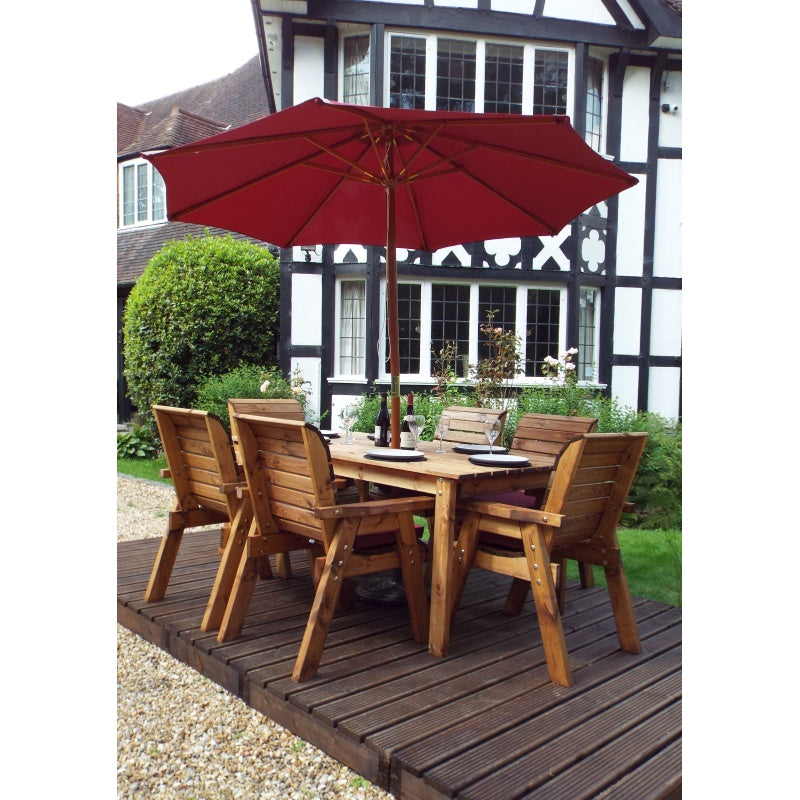 Charles Taylor 6 Seater Rectangular Table and Chair Set with Cushions, Parasol and Base - Burgundy