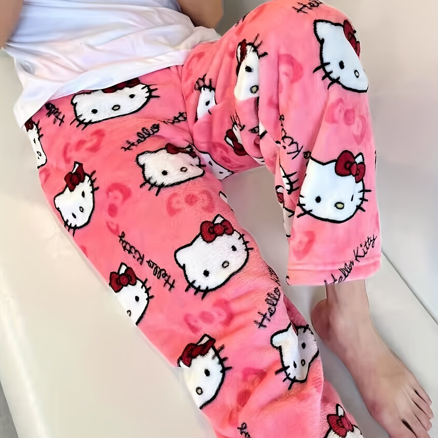 TEMU Hello Kitty Women's Flannel Pajama Pants - Soft, Warm, And Cute Cartoon Print Sleepwear For Adults, 100% Polyester, Long Length, Hand Wash Or ,