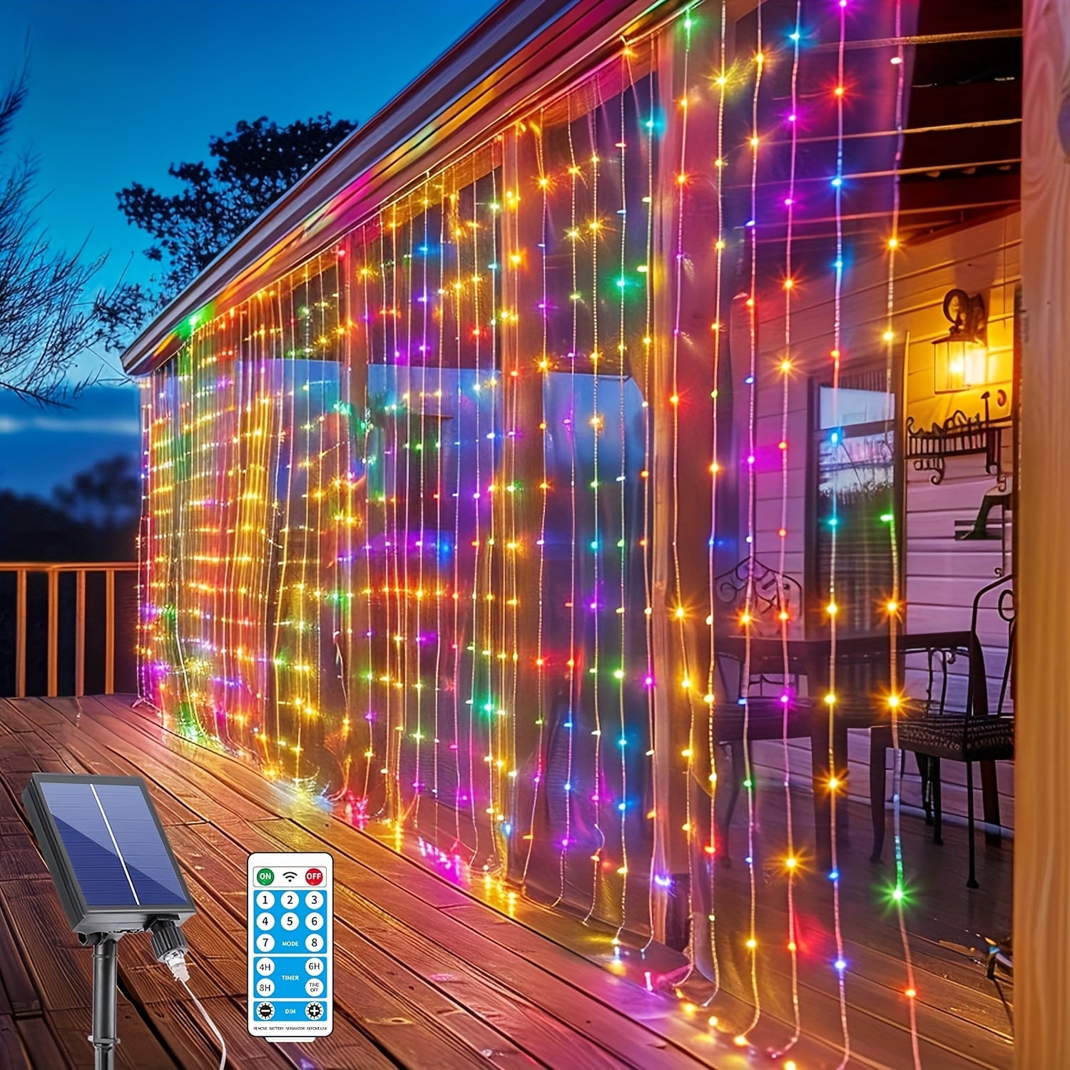 TEMU Upgraded Solar Curtain Lights 300 Led Waterfall Light With 8 Remote Usb Rechargeable Dimmable Timer Twinkle Fairy String Lights For Outdoor