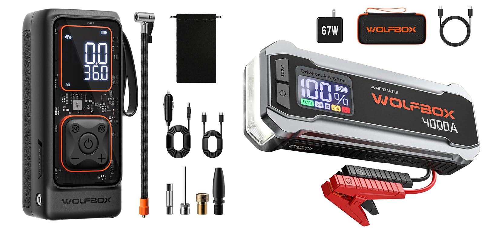 Wolfbox 4000A Jump Starter with 12000mAh & 150PSI Tire Inflator