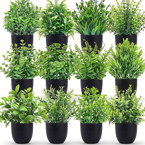 Der Rose Fake Plants 12 Pack Artificial Plants Small Faux Plants in Black Pot for Bathroom Home Office Table Decor Indoor Green 12